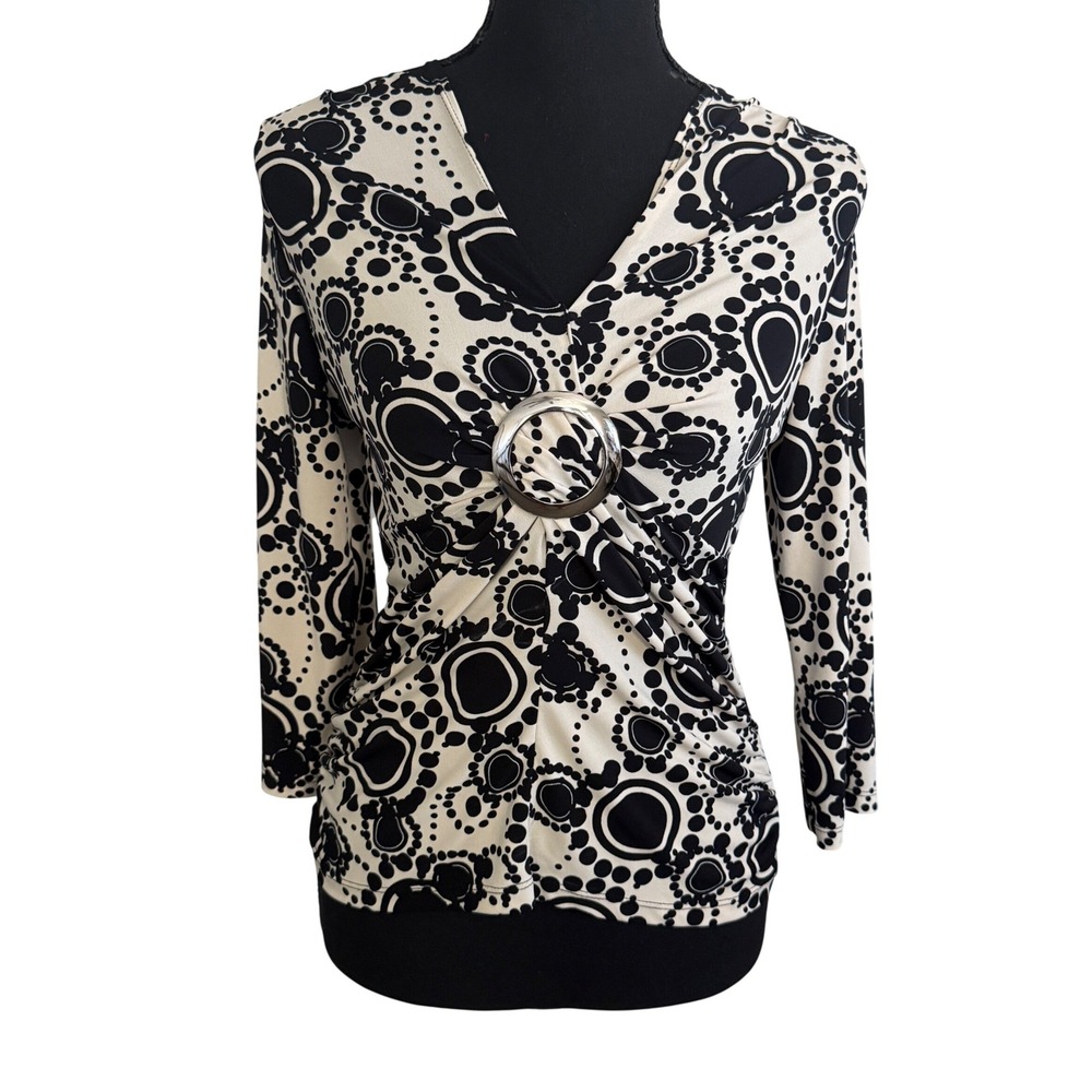 Vintage Style Womens Black Geometric Print Ruched Y2K Blouse S Retro Chic